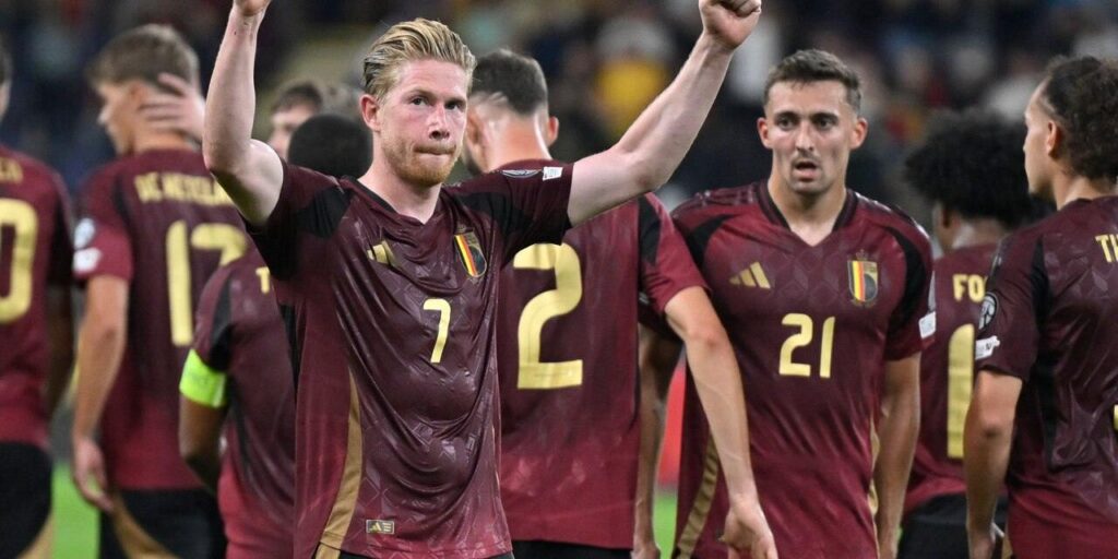 Kevin De Bruyne and his colleagues from the Belgium National team celebrate after scoring a goal