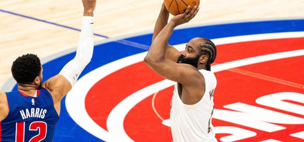 James Harden shoots over Tobias Harris