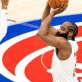James Harden shoots over Tobias Harris