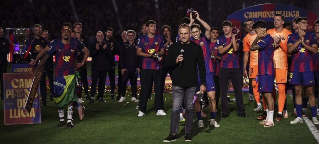 Barcelona head coach Hansi Flick addressing the crowd after winning the La Liga title