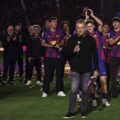 Barcelona head coach Hansi Flick addressing the crowd after winning the La Liga title
