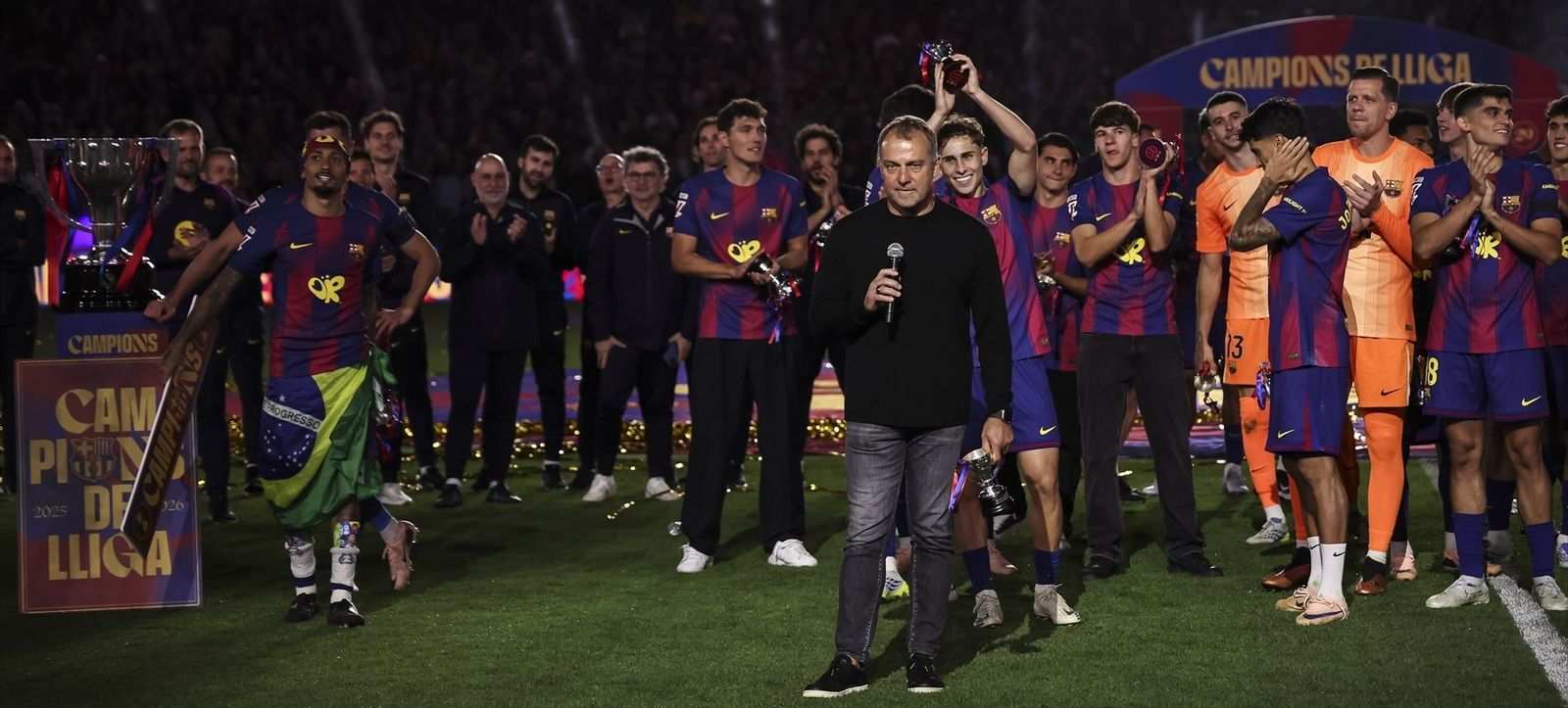 Barcelona head coach Hansi Flick addressing the crowd after winning the La Liga title
