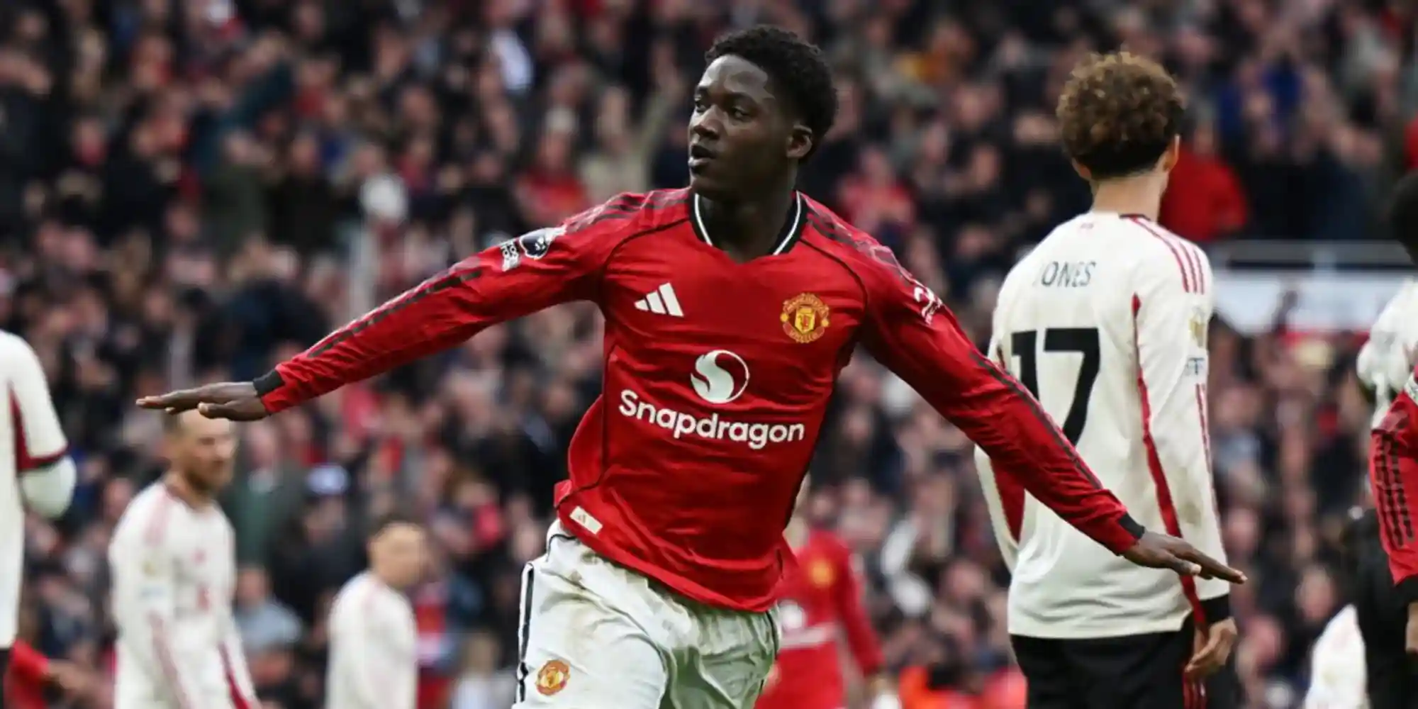 Kobbie Mainoo celebrates after scoring against Liverpool