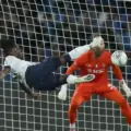 Jonathan Rowe shoots acrobatically towards Napoli goal
