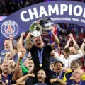 Paris Saint-Germain players and staff celebrate after winning the 2025/26 Champions League trophy