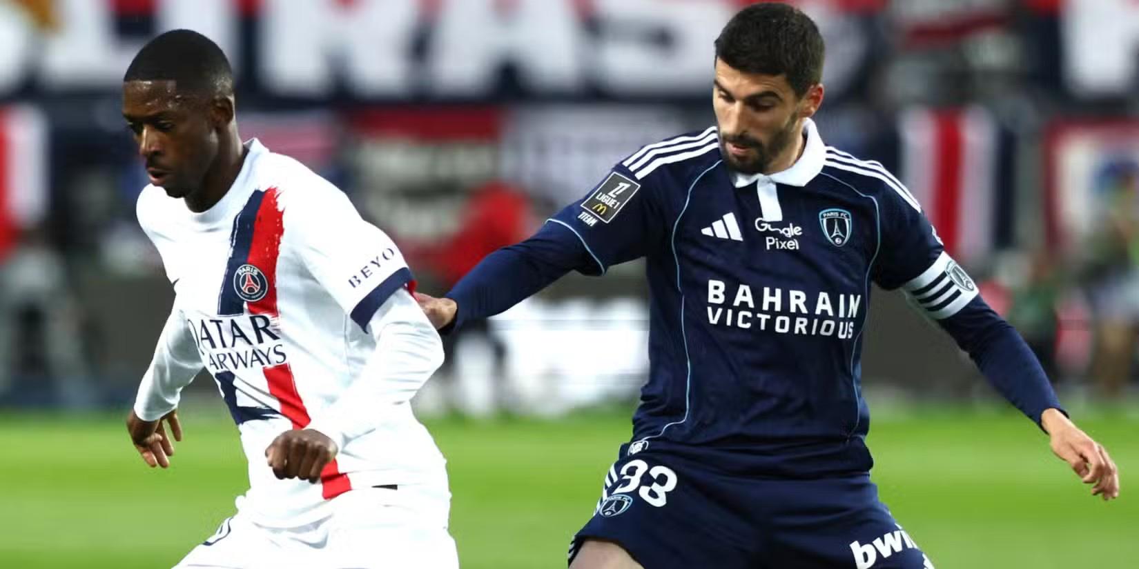 Pierre Lees-Melou trying to stop Ousmane Dembele