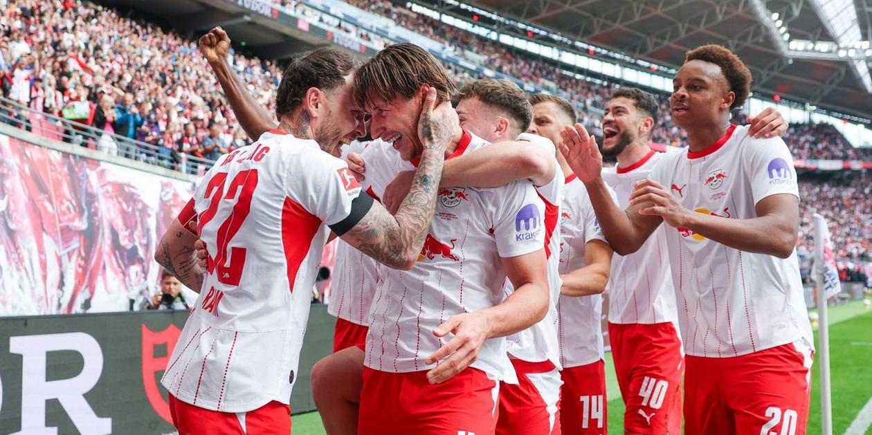 RB Leipzig players celebrate after scoring a goal