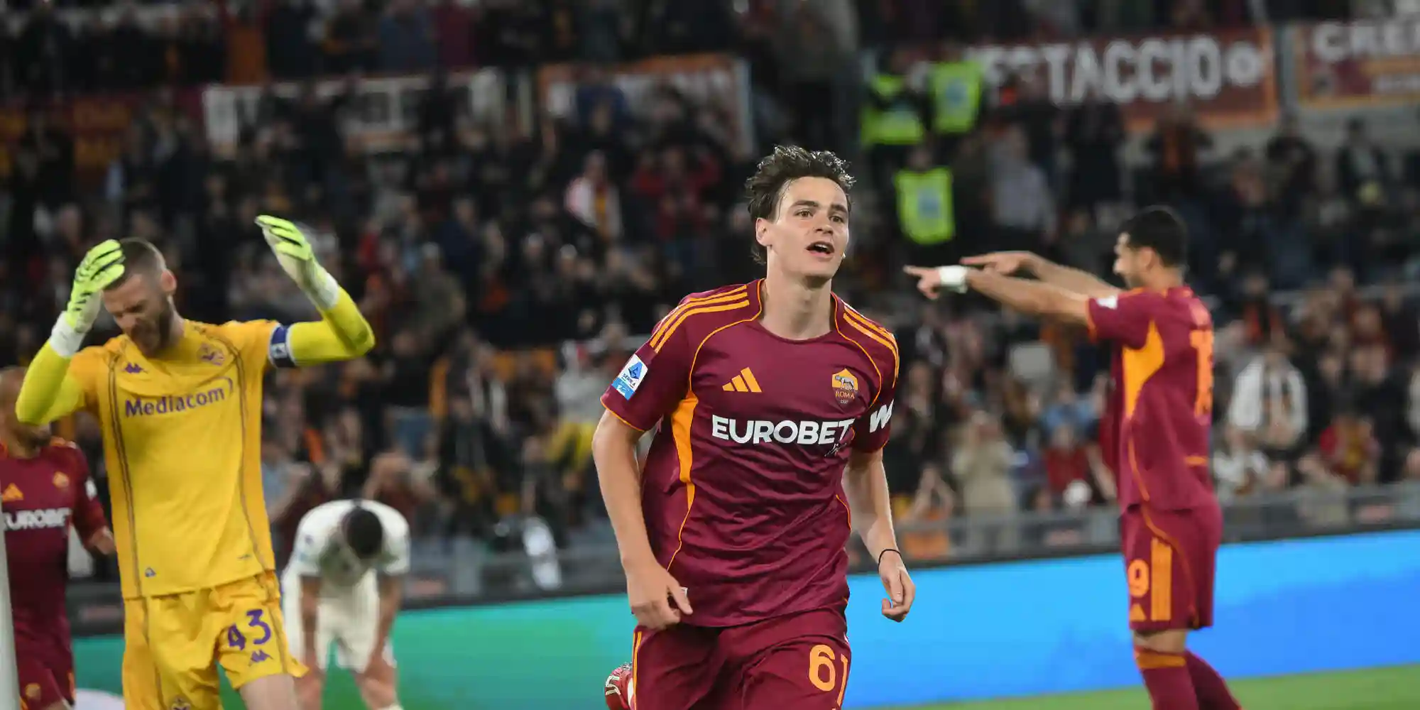 Nicolo Pisilli celebrates after scoring against Fiorentina
