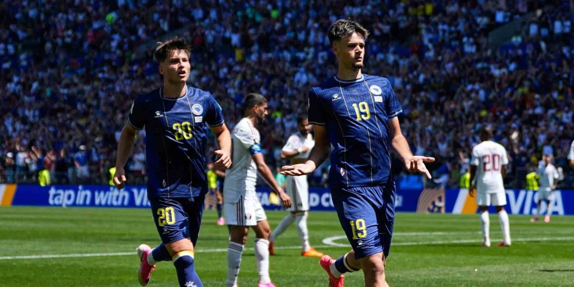 Bosnia & Herzegovina players celebrate after scoring against Qatar