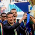 Inter head coach Cristian Chivu celebrates the Serie A title with his players