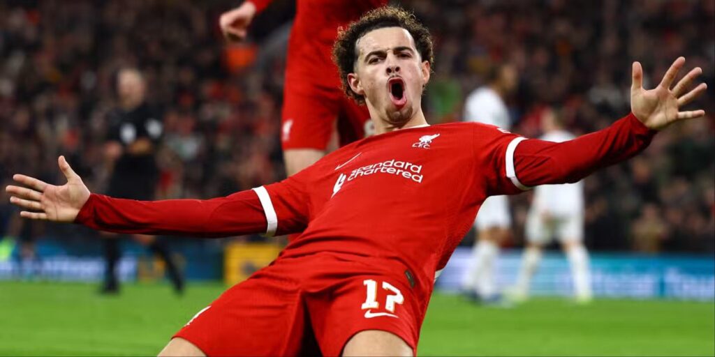 Curtis Jones celebrates after scoring for Liverpool
