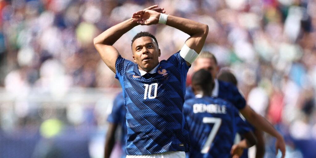 Kylian Mbappe celebrates after scoring for France