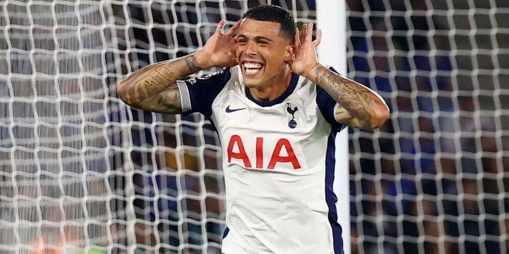 Pedro Porro celebrates after scoring a goal
