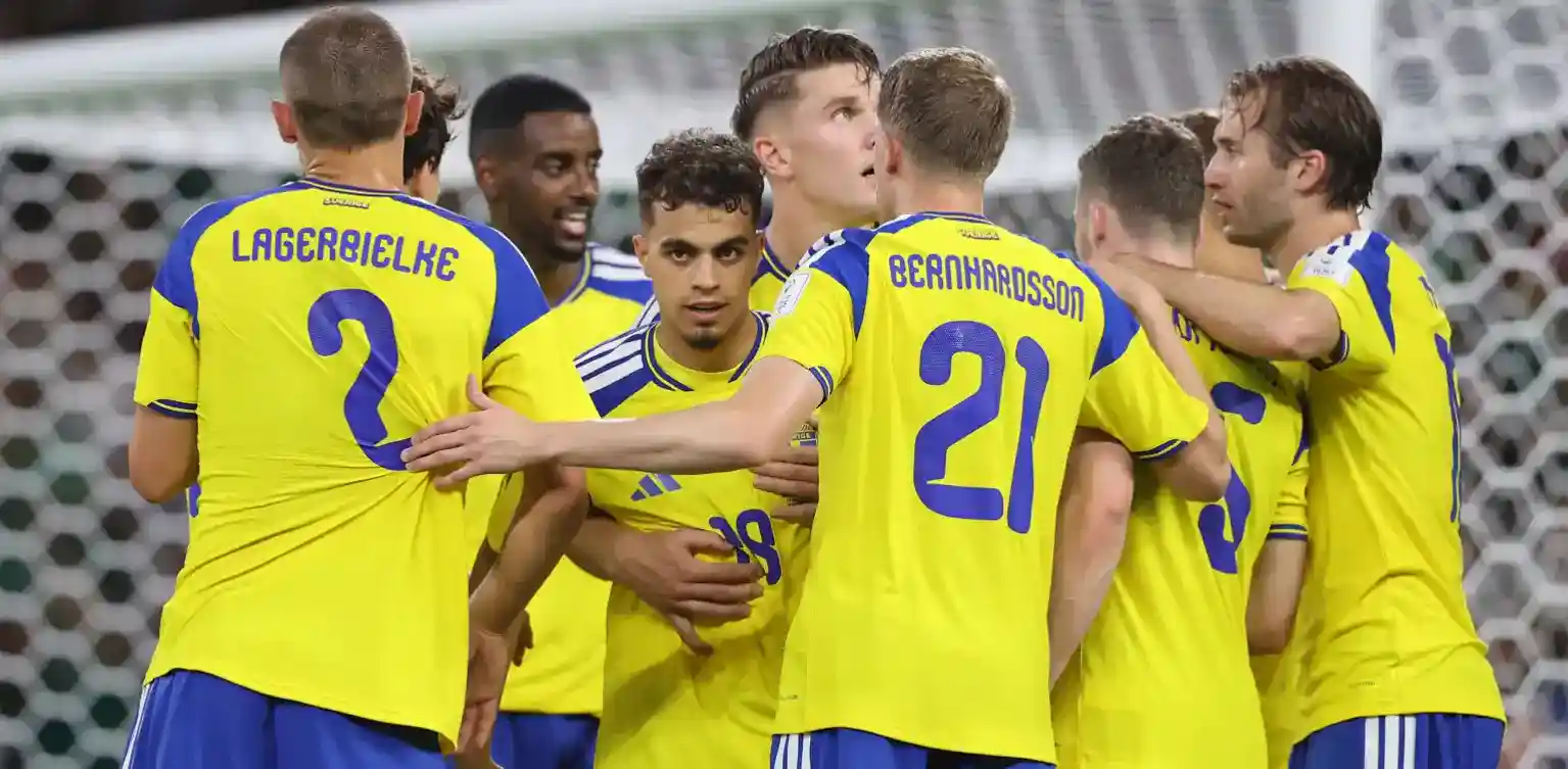 Sweden players celebrate after scoring against Tunisia