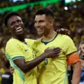 Vinicius Junior congratulates Casemiro after his goal against Panama