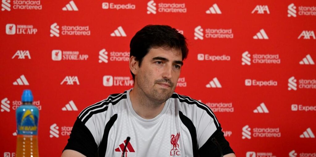Liverpool head coach Andoni Iraola during a press conference