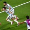 Argentina players celebrate after Julian Alvarez' goal against Switzerland