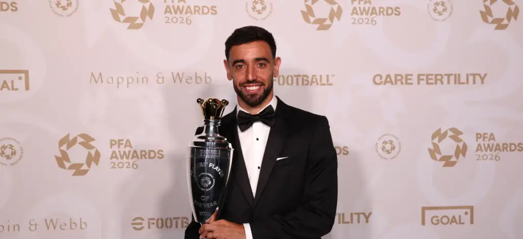 Bruno Fernandes with the PFA award for Player of the Season in the Premier League