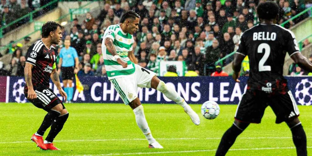 Celtic player shoots toward LASK's goal