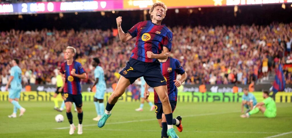 Fermin Lopes jumping in the air after scoring against Athletic Bilbao