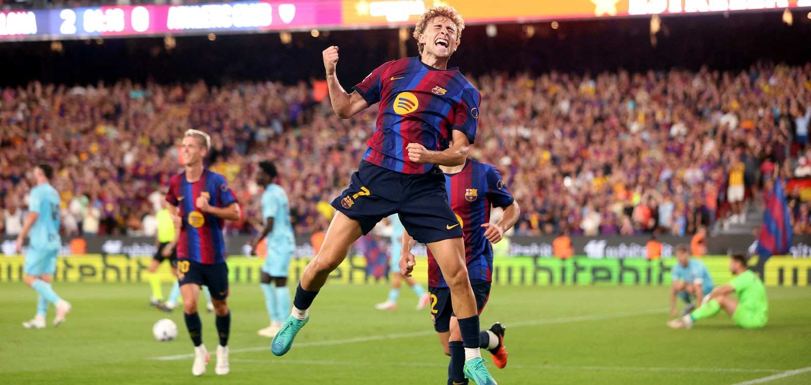 Fermin Lopes jumping in the air after scoring against Athletic Bilbao