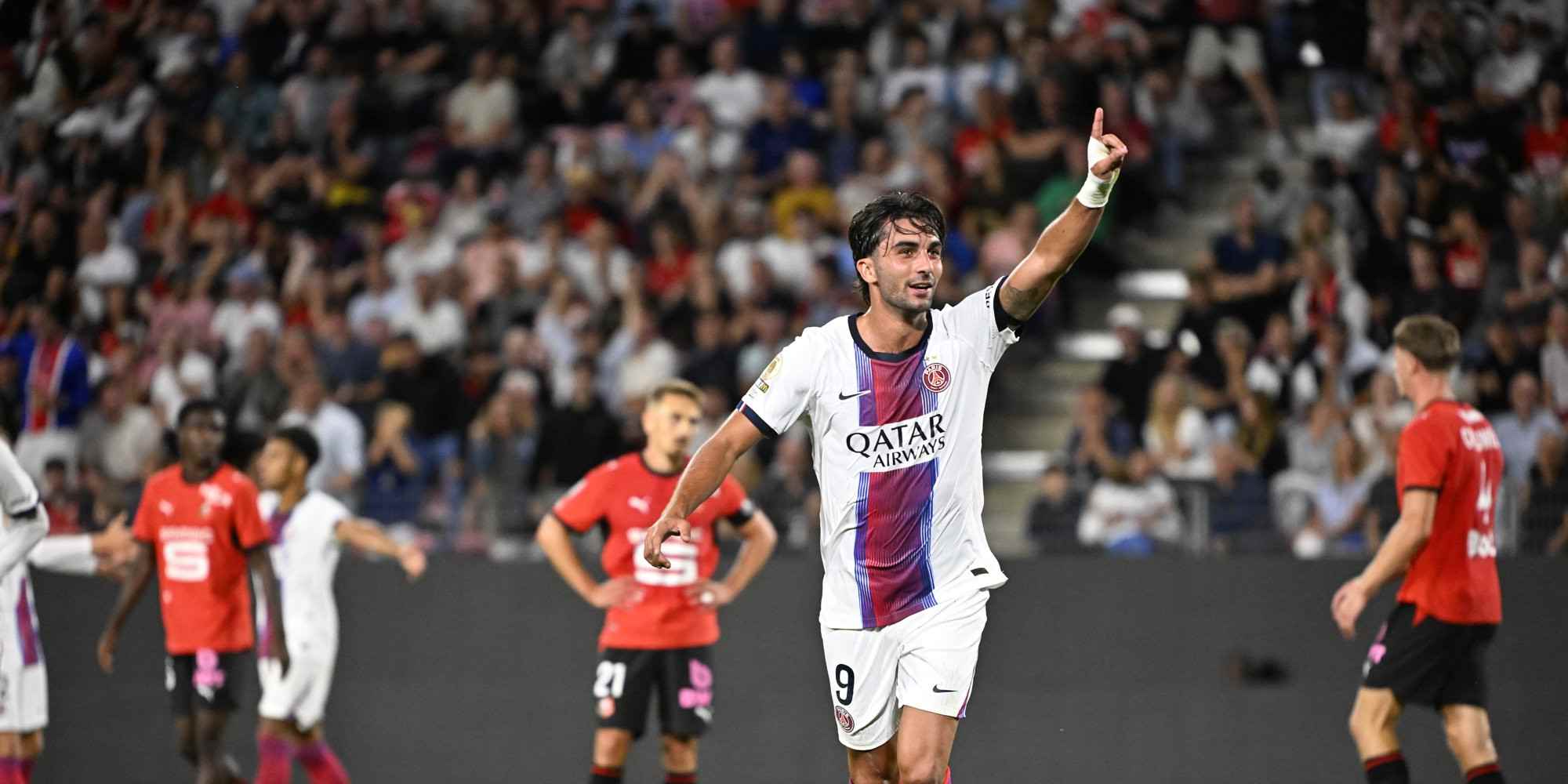 Ferran Torres celebrates after scoring in his debut PSG match