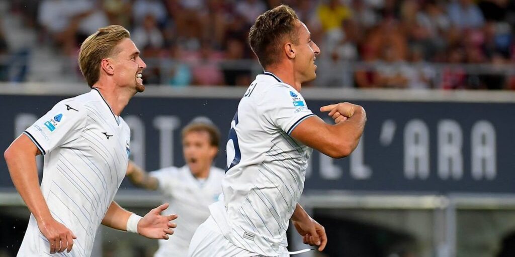 Lazio players celebrate after scoring against Bologna