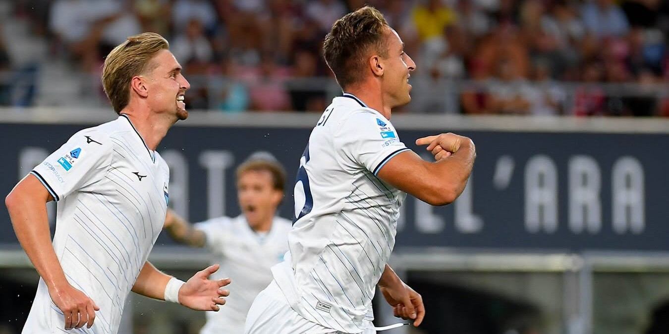 Lazio players celebrate after scoring against Bologna