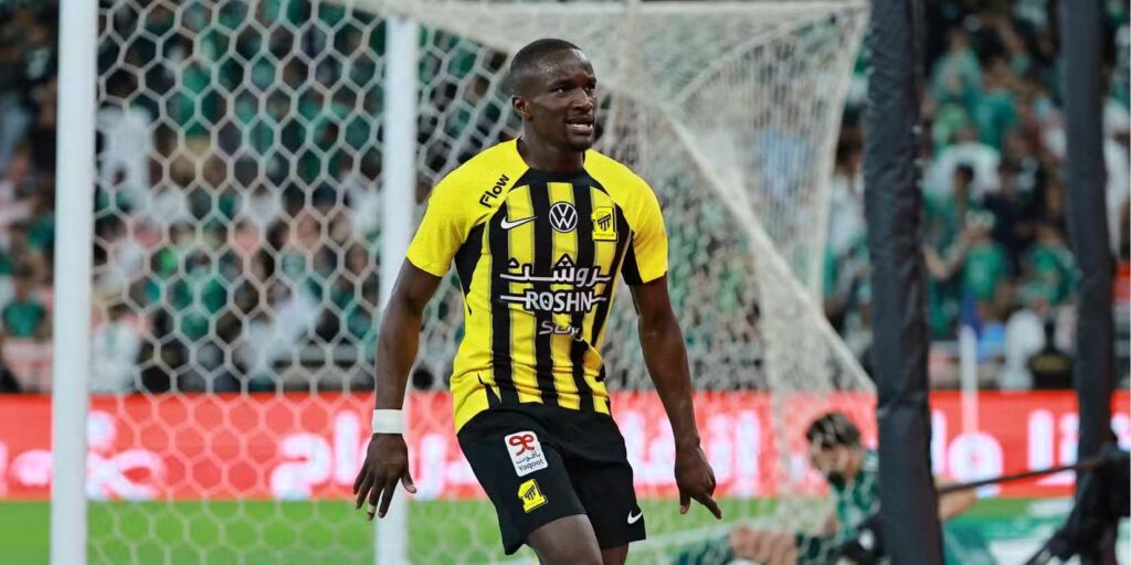 Moussa Diaby celebrates after scoring a goal