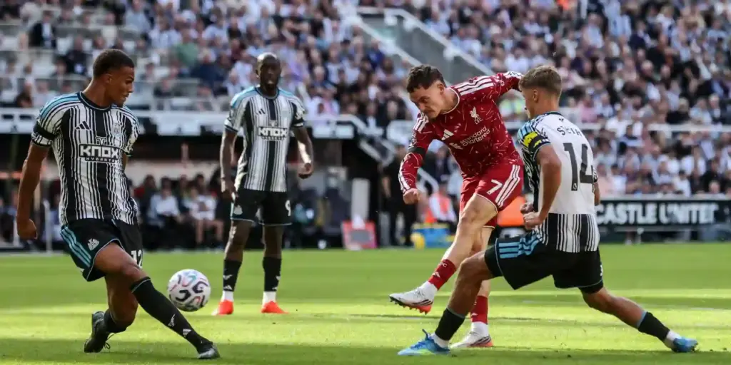 Florian Wirtz shooting at Newcastle's goal