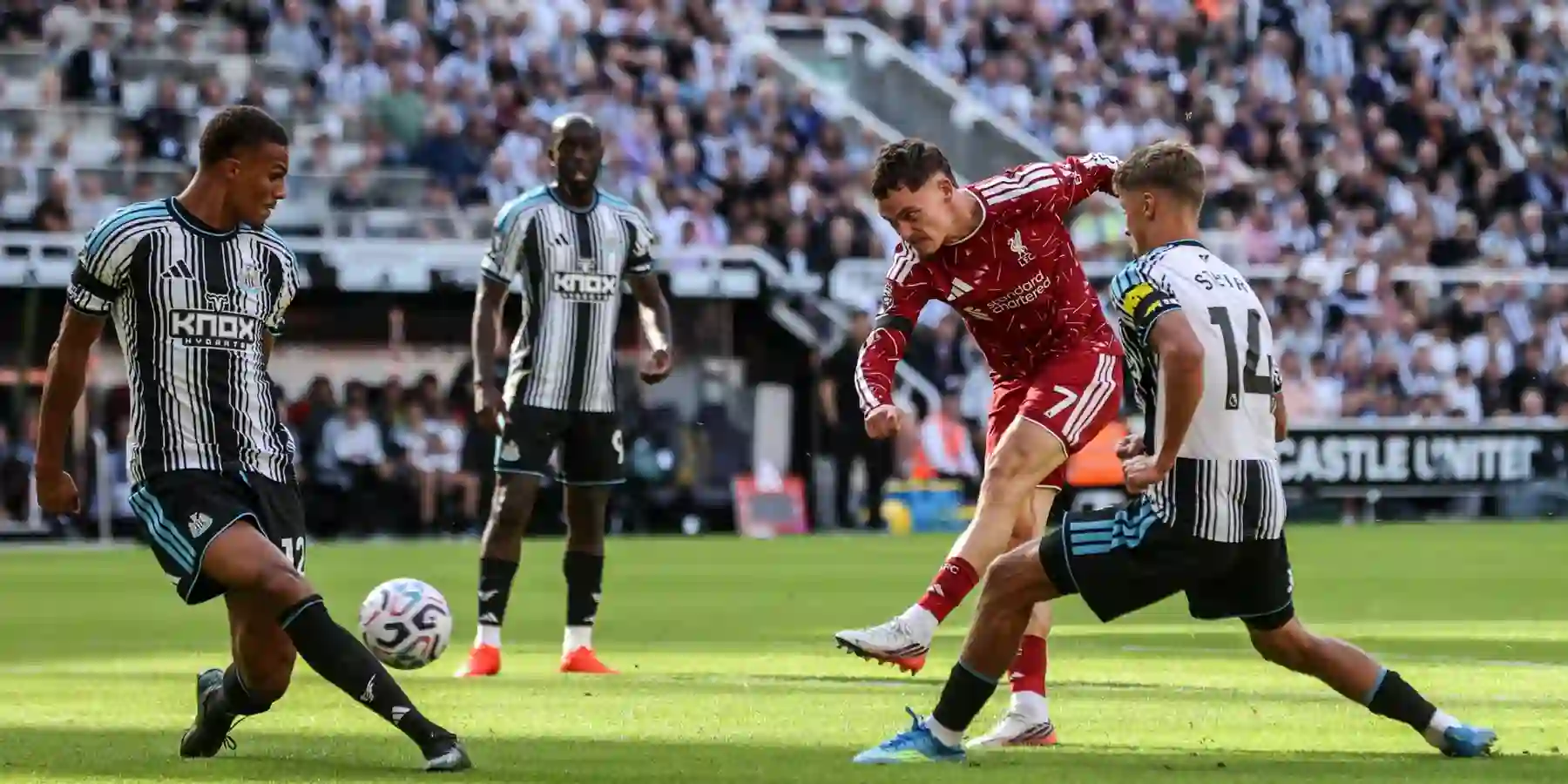 Florian Wirtz shooting at Newcastle's goal