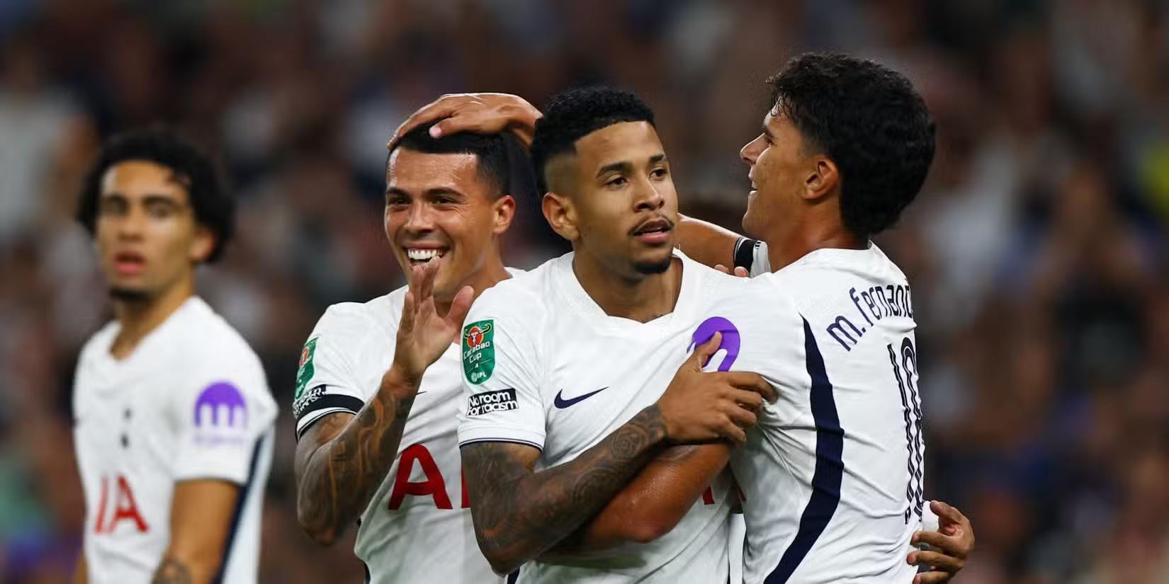Tottenham players congratulate one another after scoring against Charlton in the Carabao Cup
