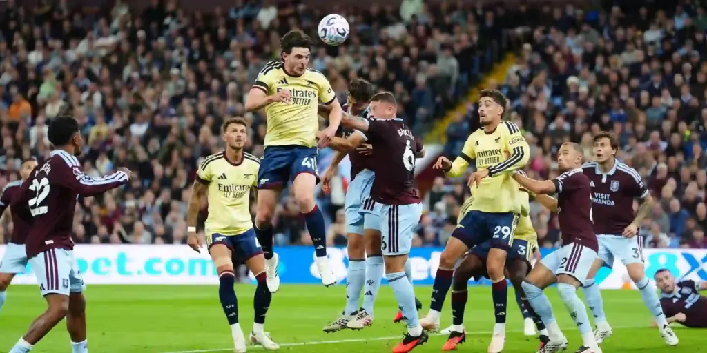 Declan Rice heads the ball towards Aston Villa's goal