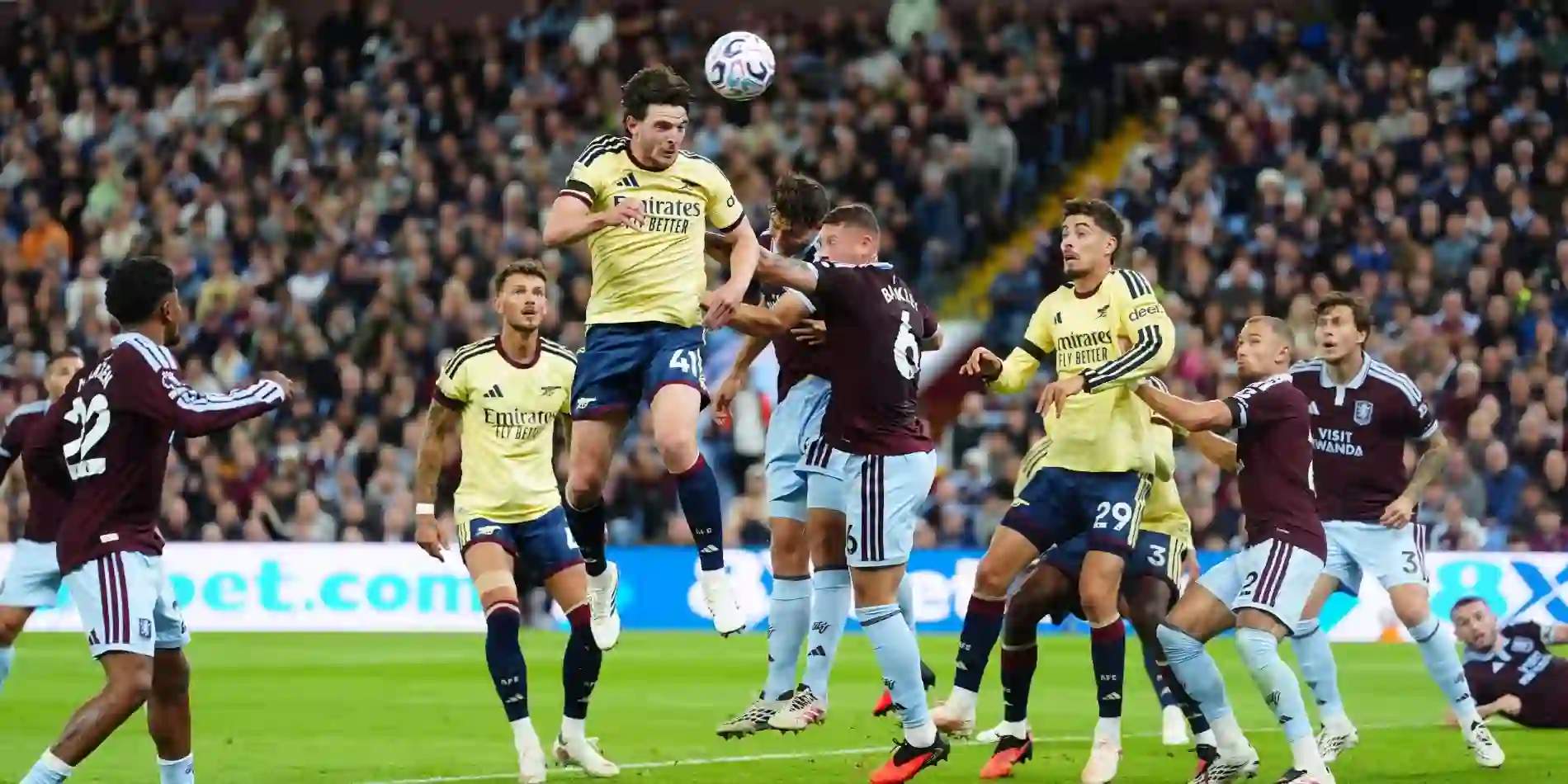 Declan Rice heads the ball towards Aston Villa's goal