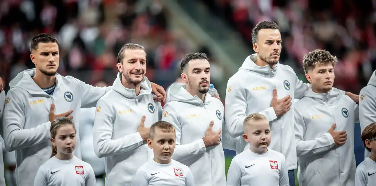 Bosnia & Herzegovina players listening to the nation's anthem