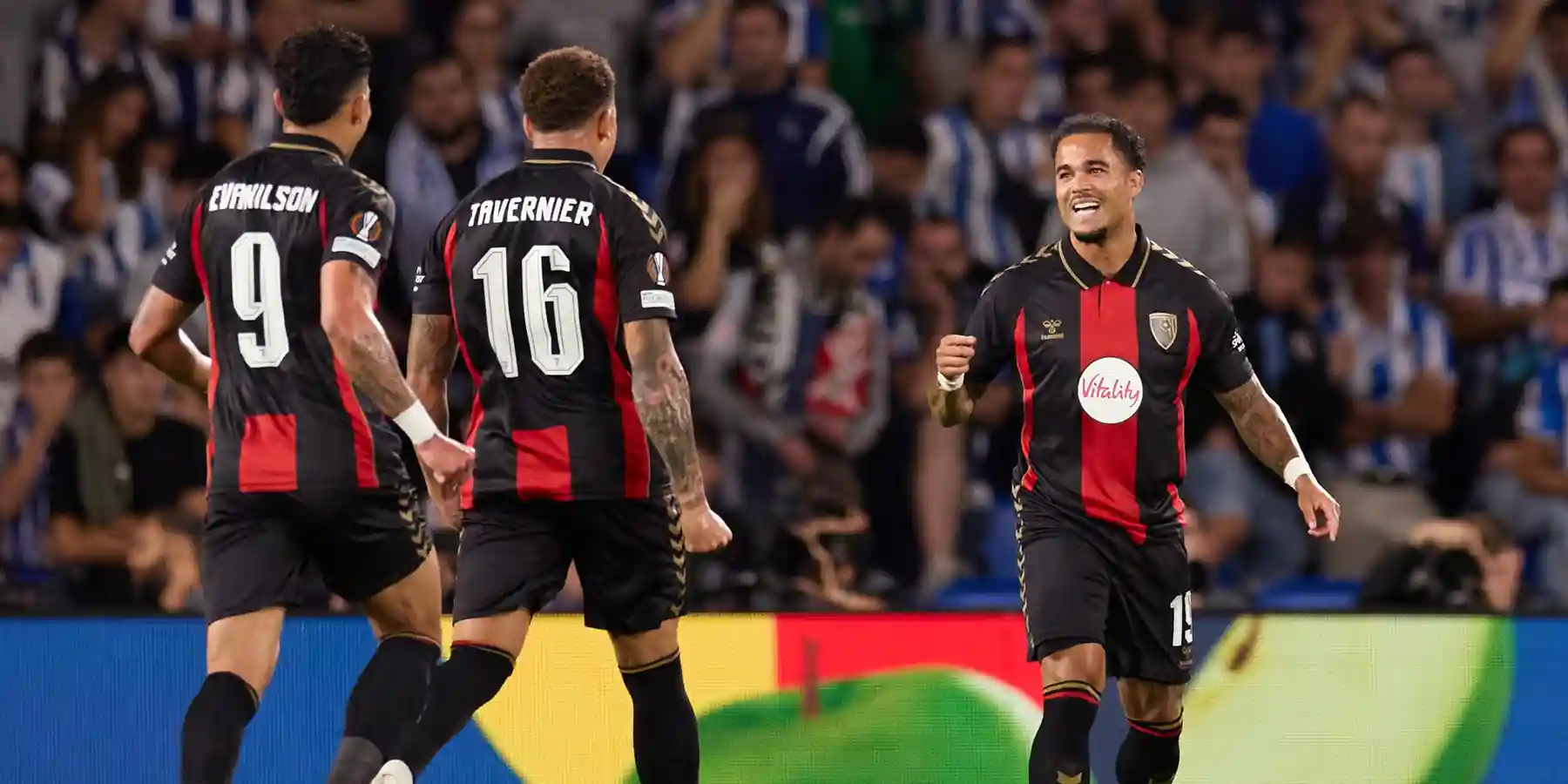 Bournemouth players celebrate Justin Kluivert's goal against Real Sociedad