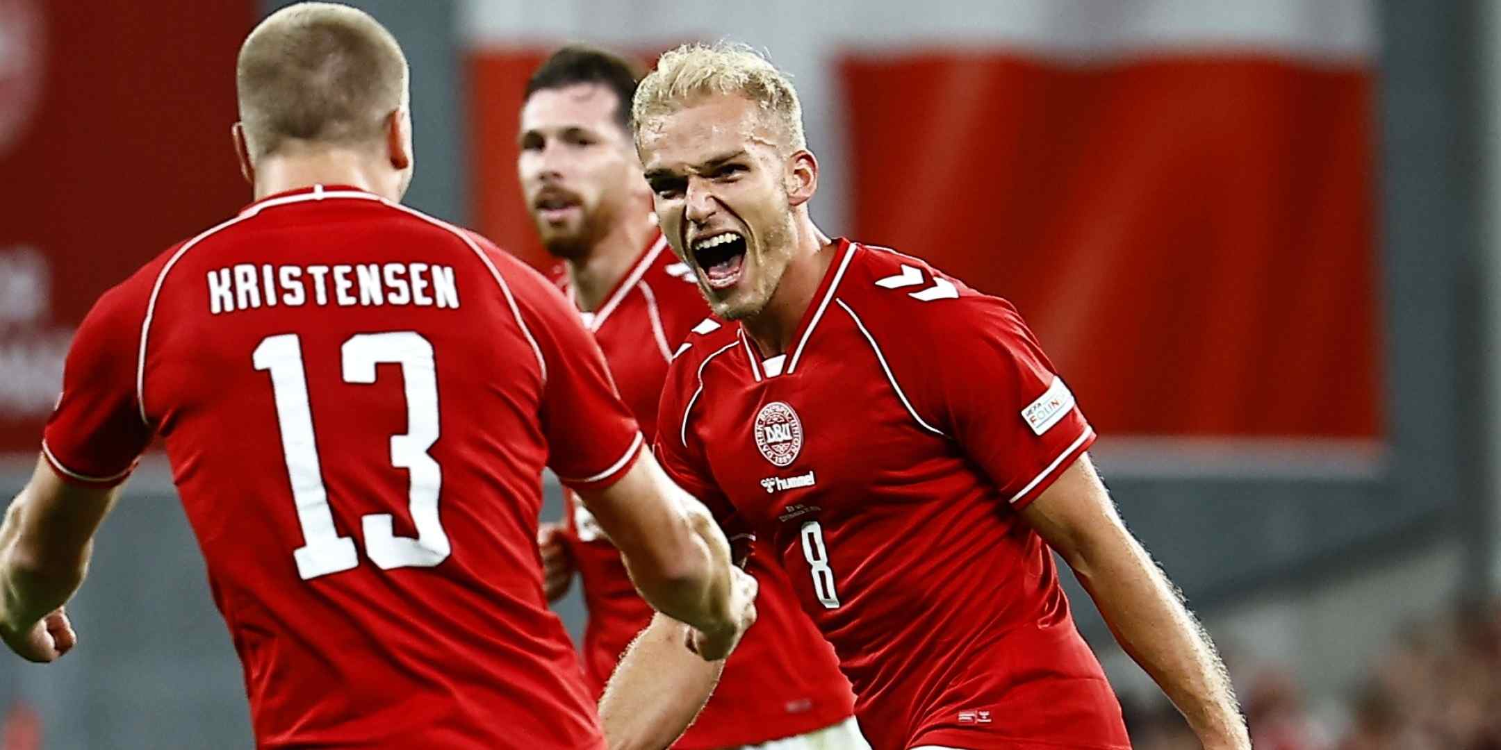 Gustav Isaksen celebrates after scoring against Wales
