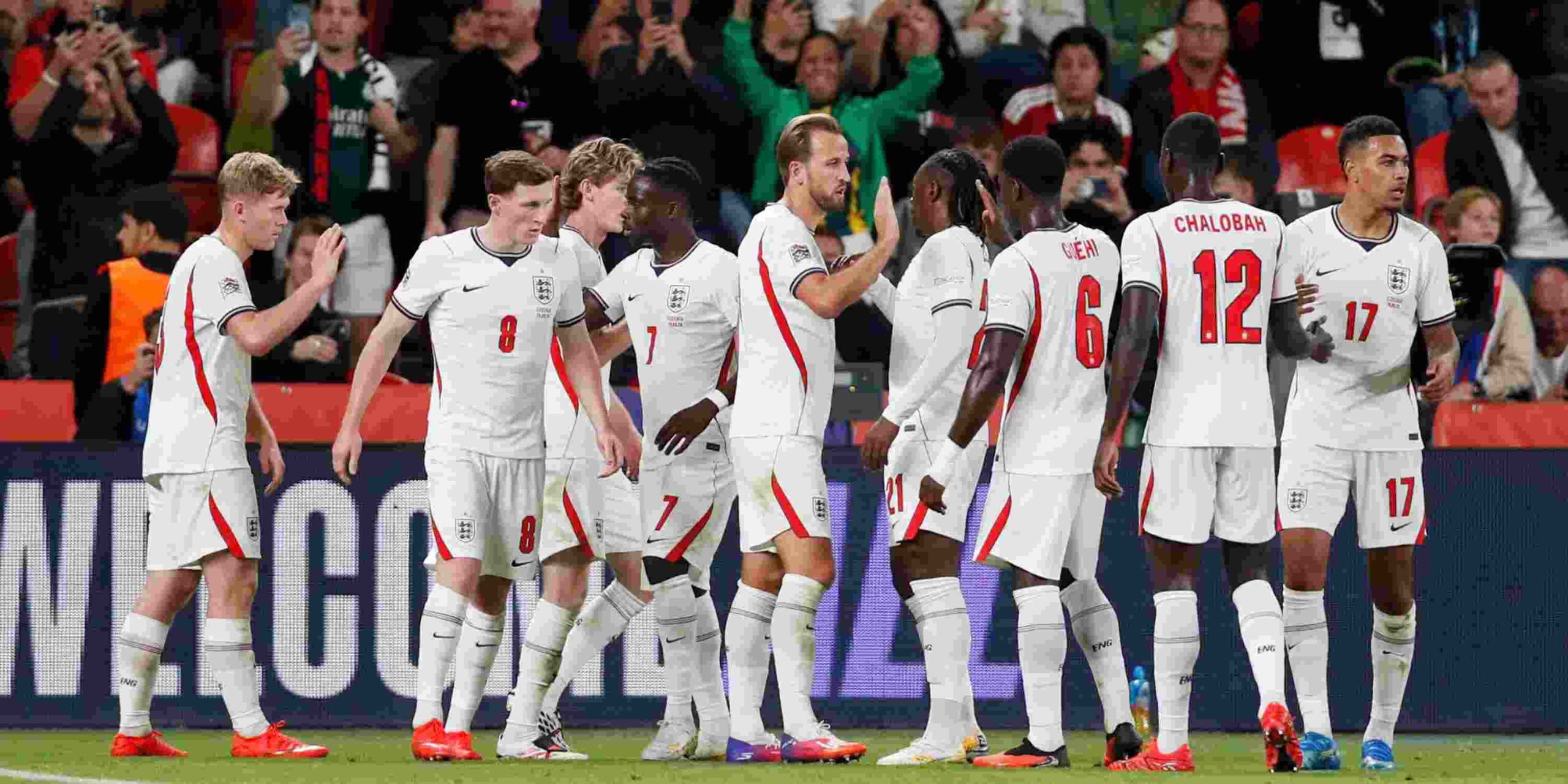 England players celebrate after scoring against Czechia