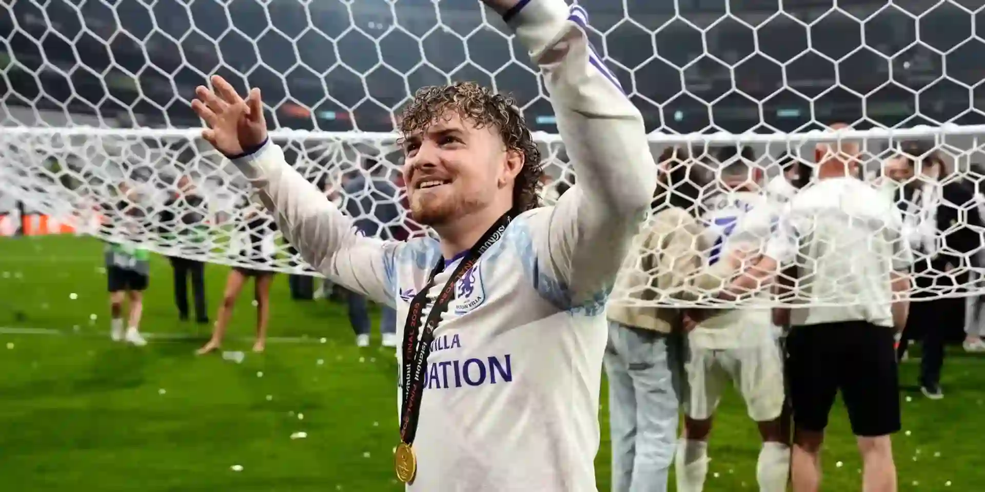 Harvey Elliott celebrating Aston Villa's Europa League triumph