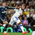 Newcastle and Leeds players in a battle for the ball