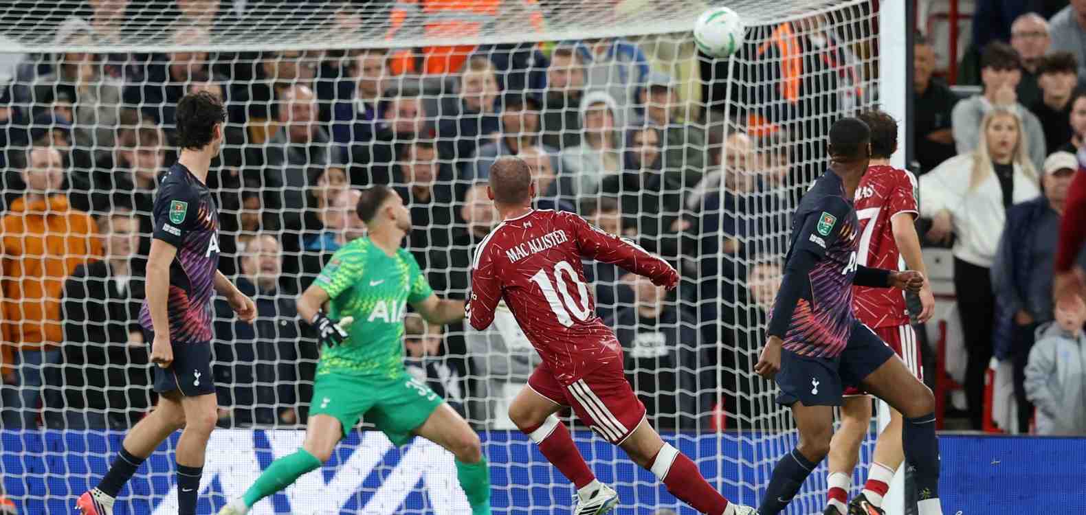 Alexis Mac Allister scoring in Tottenham's net