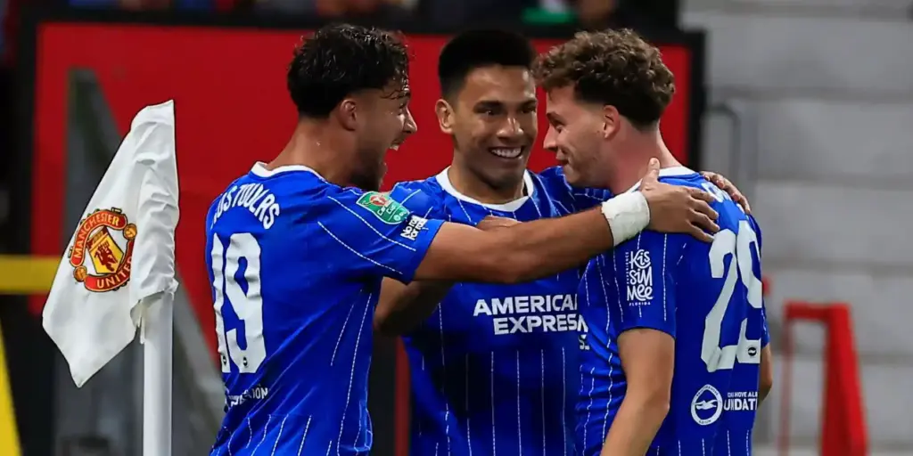 Brighton players celebrate after scoring against Manchester United at Old Trafford