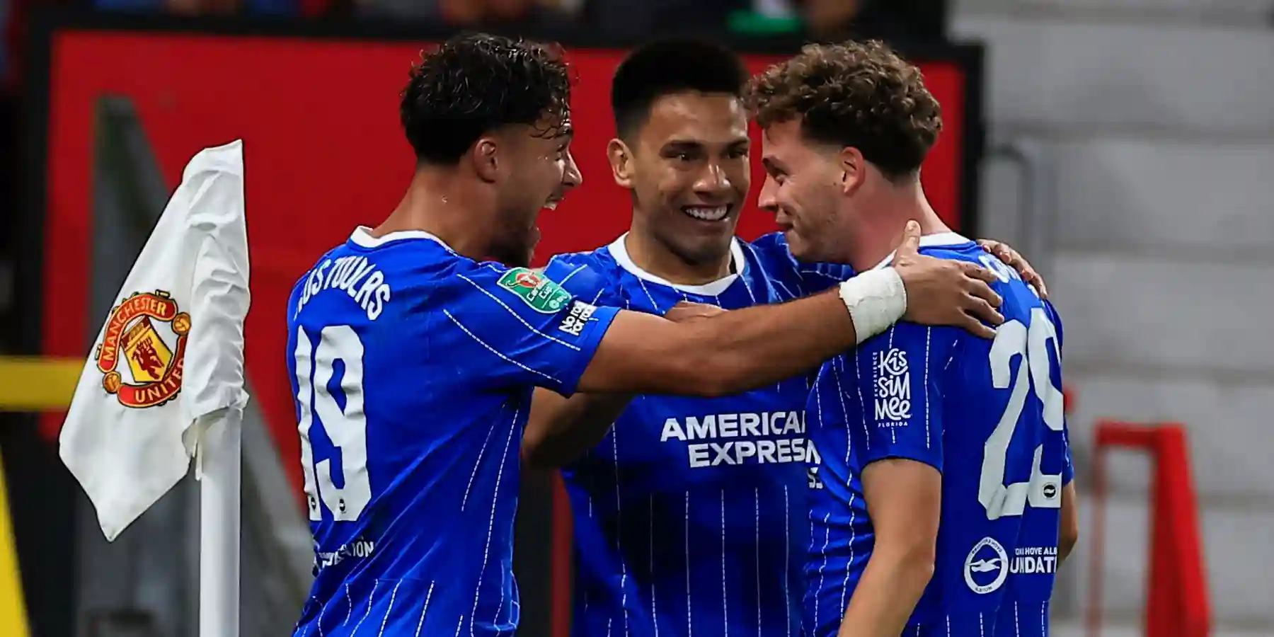 Brighton players celebrate after scoring against Manchester United at Old Trafford