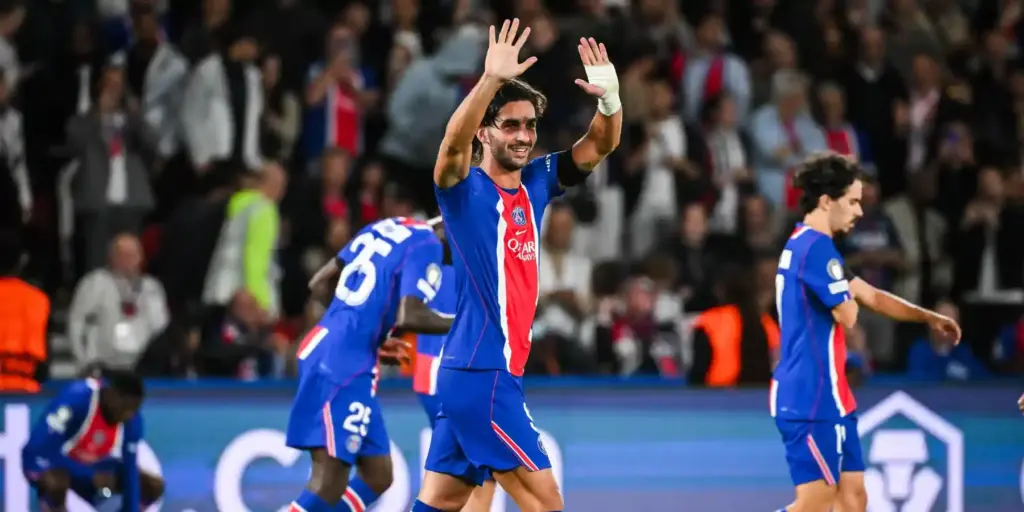 Ferran Torres celebrates after scoring against Marseille