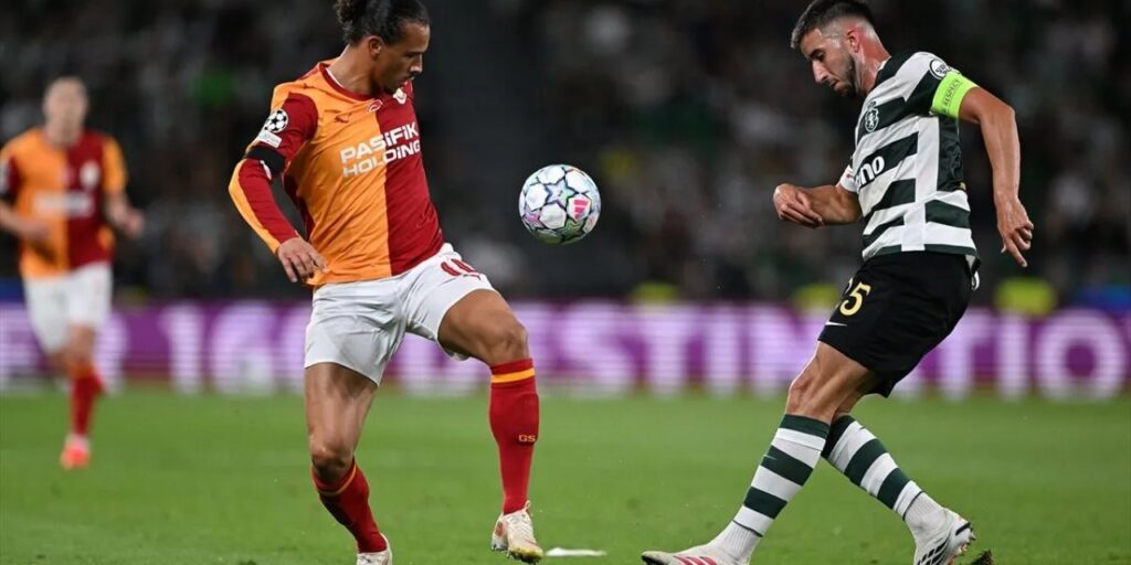 Sporting and Galatasaray players in a battle for the ball
