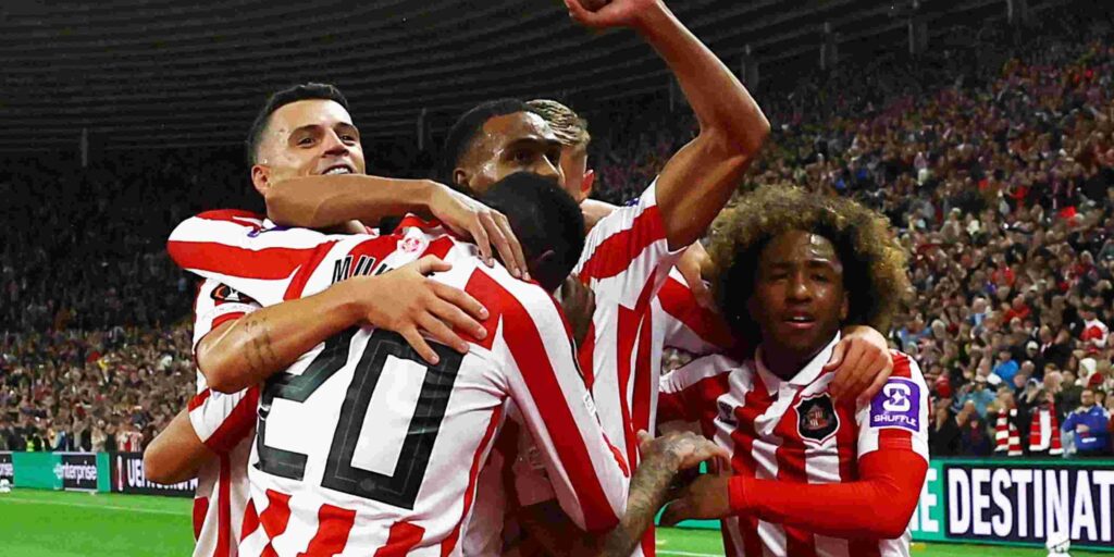Sunderland players celebrate after scoring against AZ in Europa League match