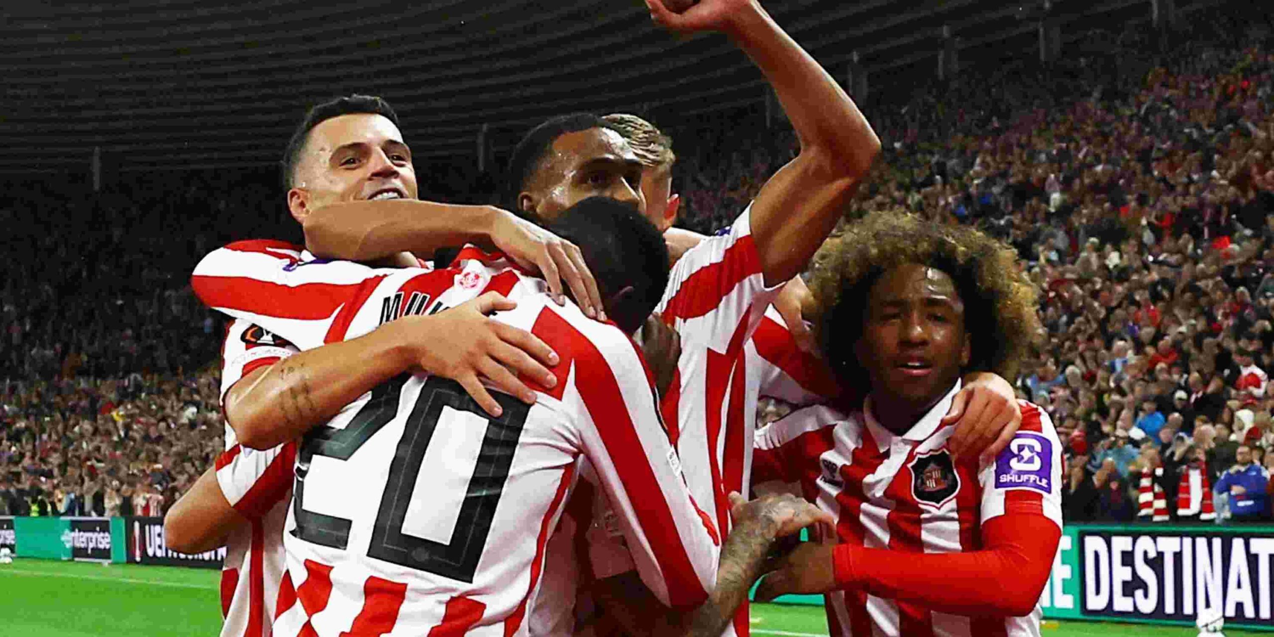 Sunderland players celebrate after scoring against AZ in Europa League match