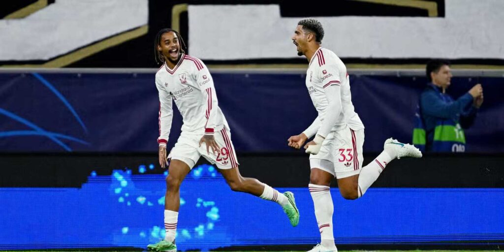 Bradley Barcola and Ronald Araujo celebrate Liverpool's goal against LASK