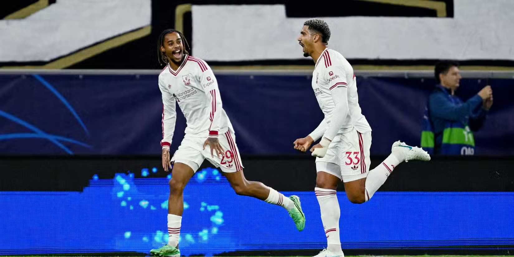 Bradley Barcola and Ronald Araujo celebrate Liverpool's goal against LASK