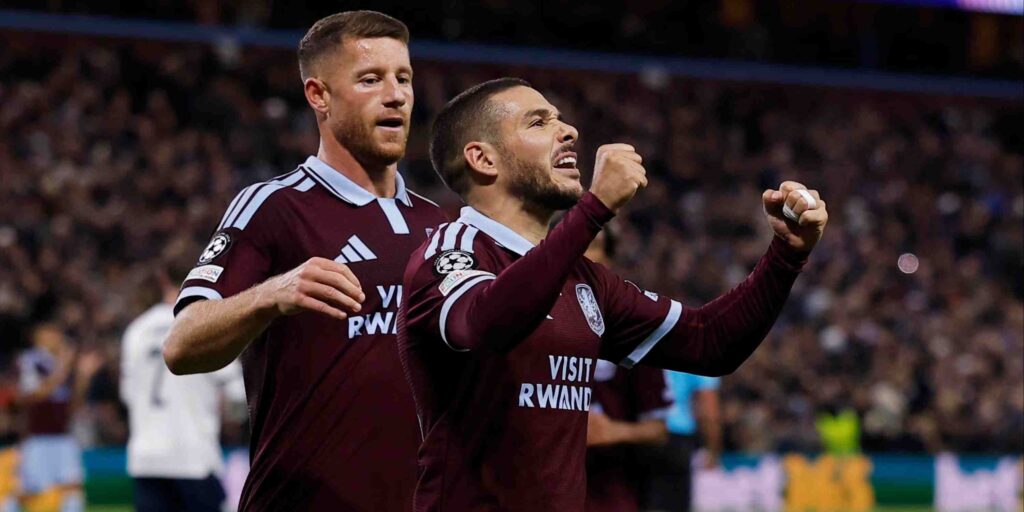 Emiliano Buendia celebrates after scoring for Aston Villa